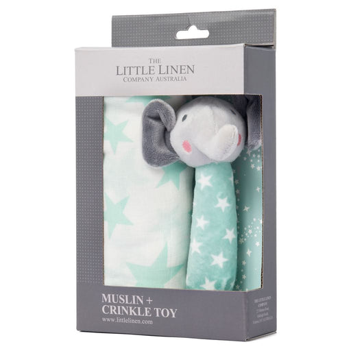Little Linen - TLLC Muslin Wrap & Crinkle Toy Seafoam Elephant