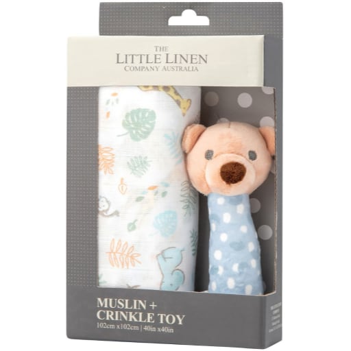 Little Linen - TLLC Muslin Wrap & Crinkle Toy Safari Bear